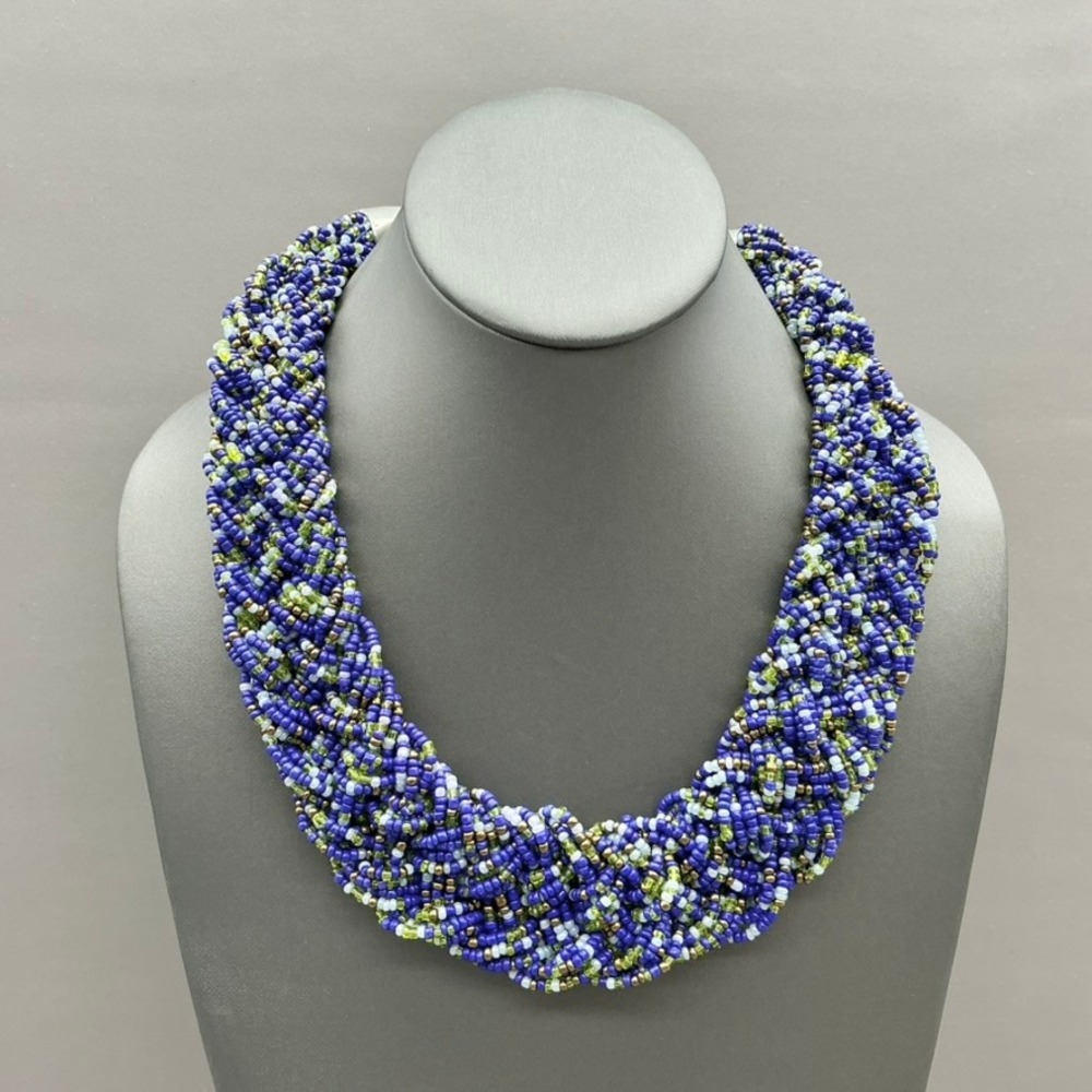 Erica Lyons Necklace Women Blue Green Multi Seed Bead Braided Chunky Statement
